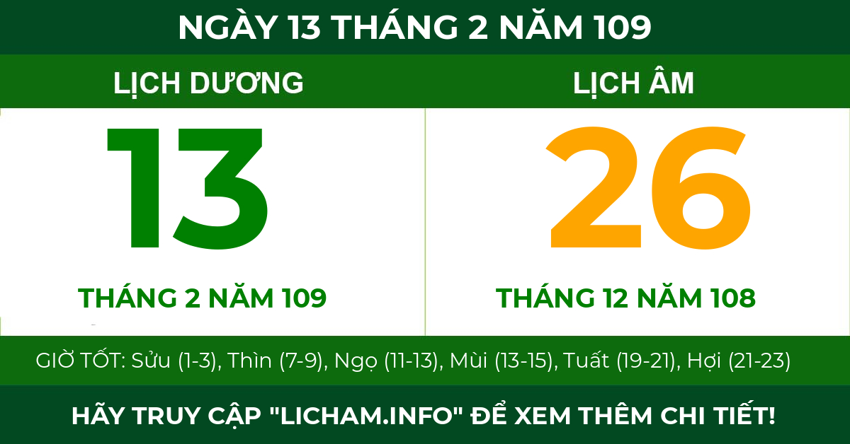 lịch âm ngày 13 tháng 2 năm 109