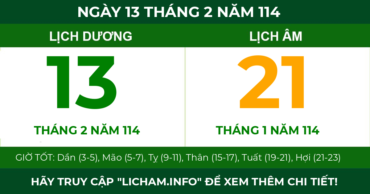 lịch âm ngày 13 tháng 2 năm 114