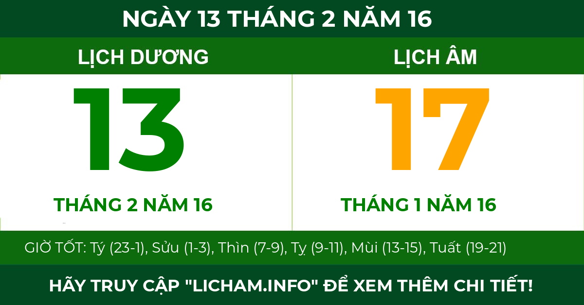 lịch âm ngày 13 tháng 2 năm 16
