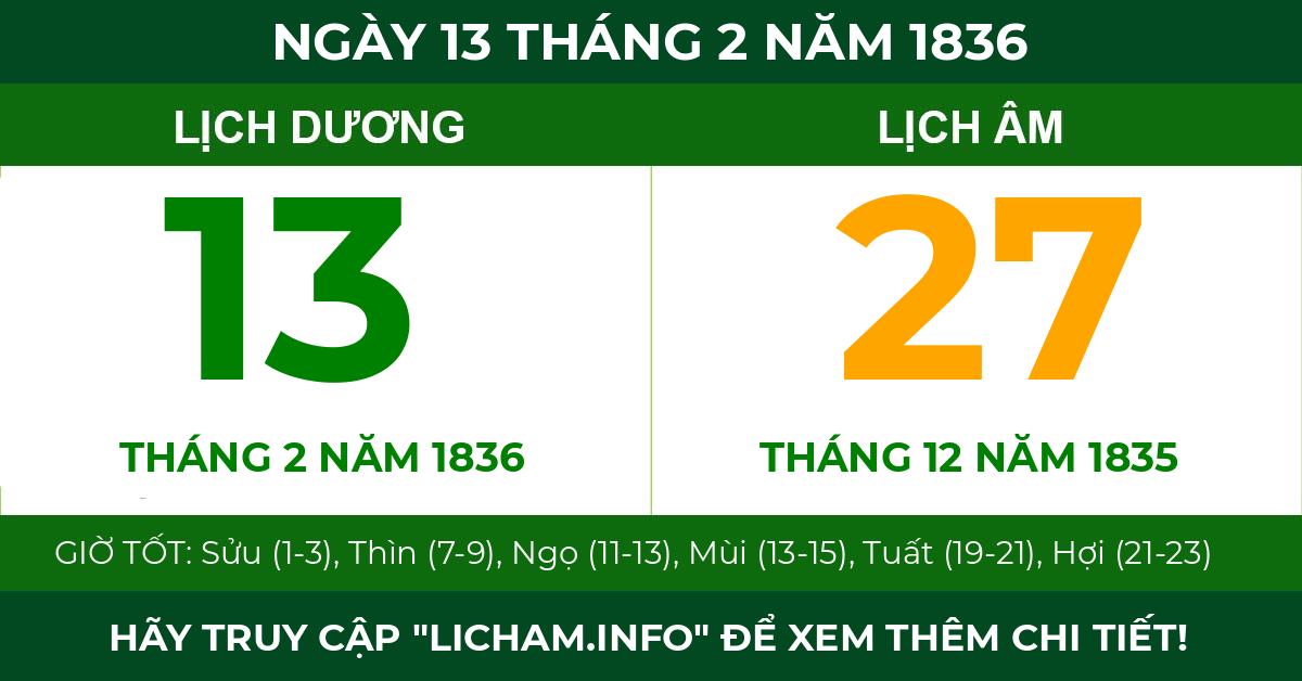 lịch âm ngày 13 tháng 2 năm 1836