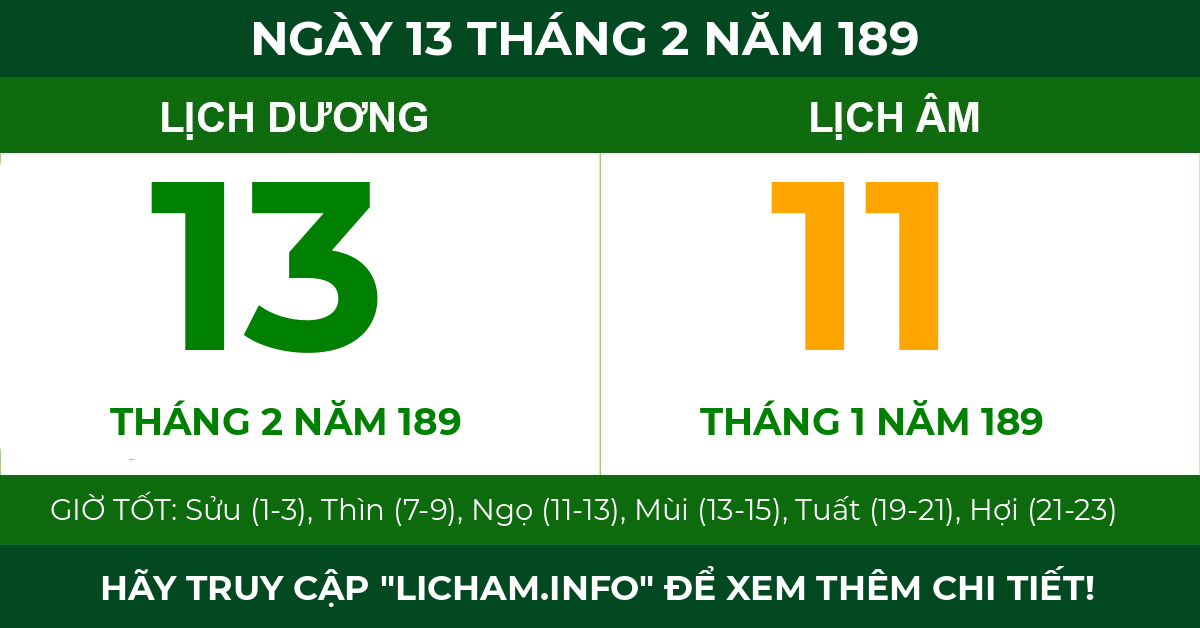 lịch âm ngày 13 tháng 2 năm 189