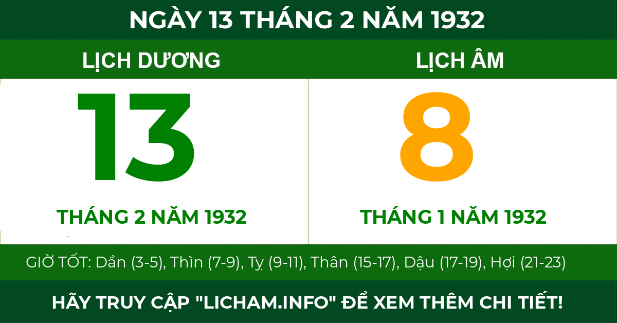 lịch âm ngày 13 tháng 2 năm 1932