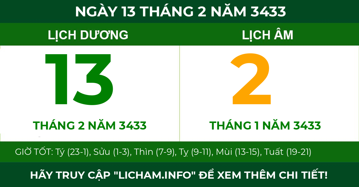 lịch âm ngày 13 tháng 2 năm 3433