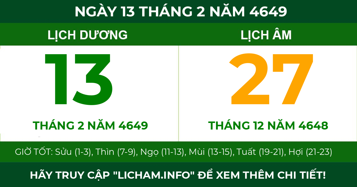 lịch âm ngày 13 tháng 2 năm 4649