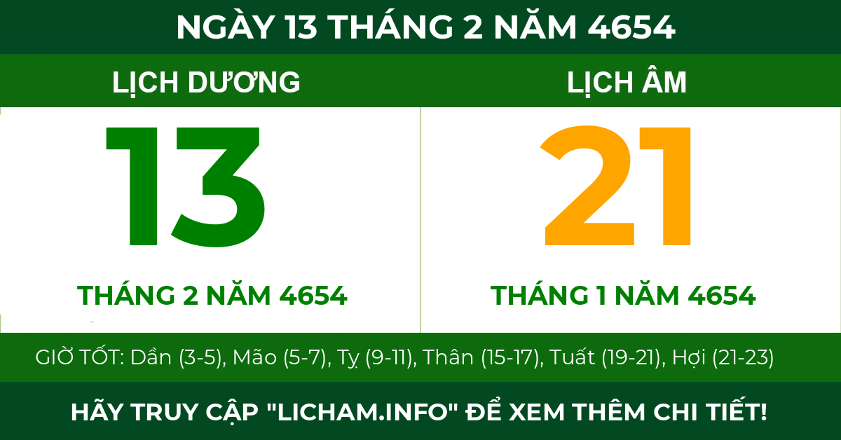 lịch âm ngày 13 tháng 2 năm 4654