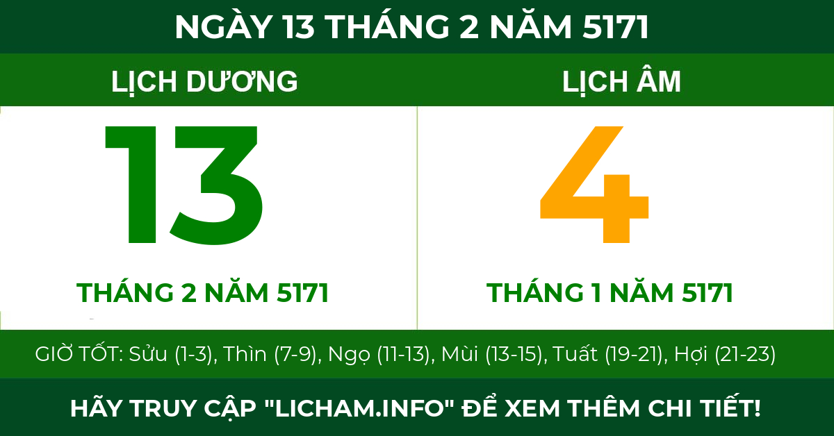 lịch âm ngày 13 tháng 2 năm 5171