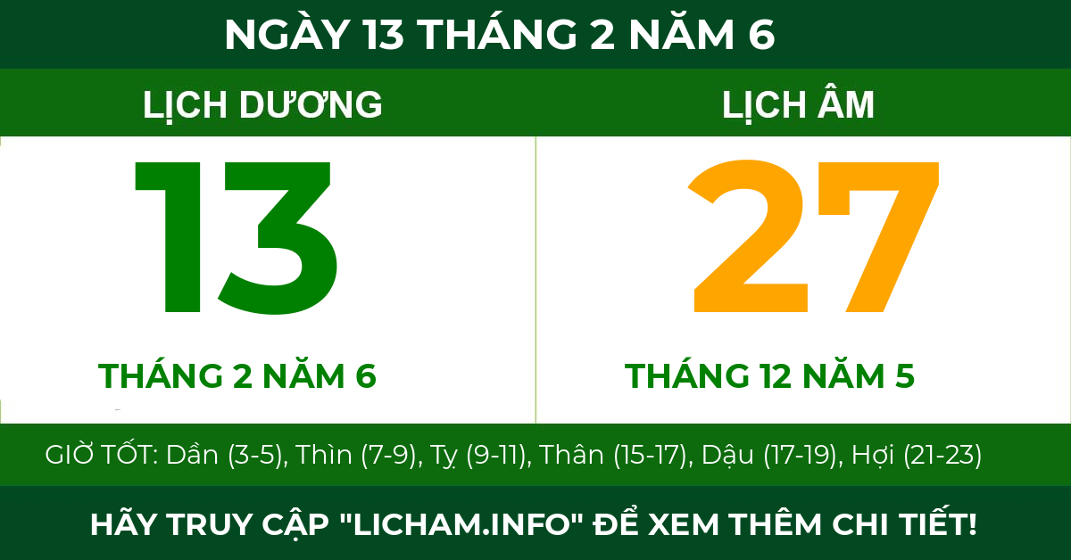 lịch âm ngày 13 tháng 2 năm 6