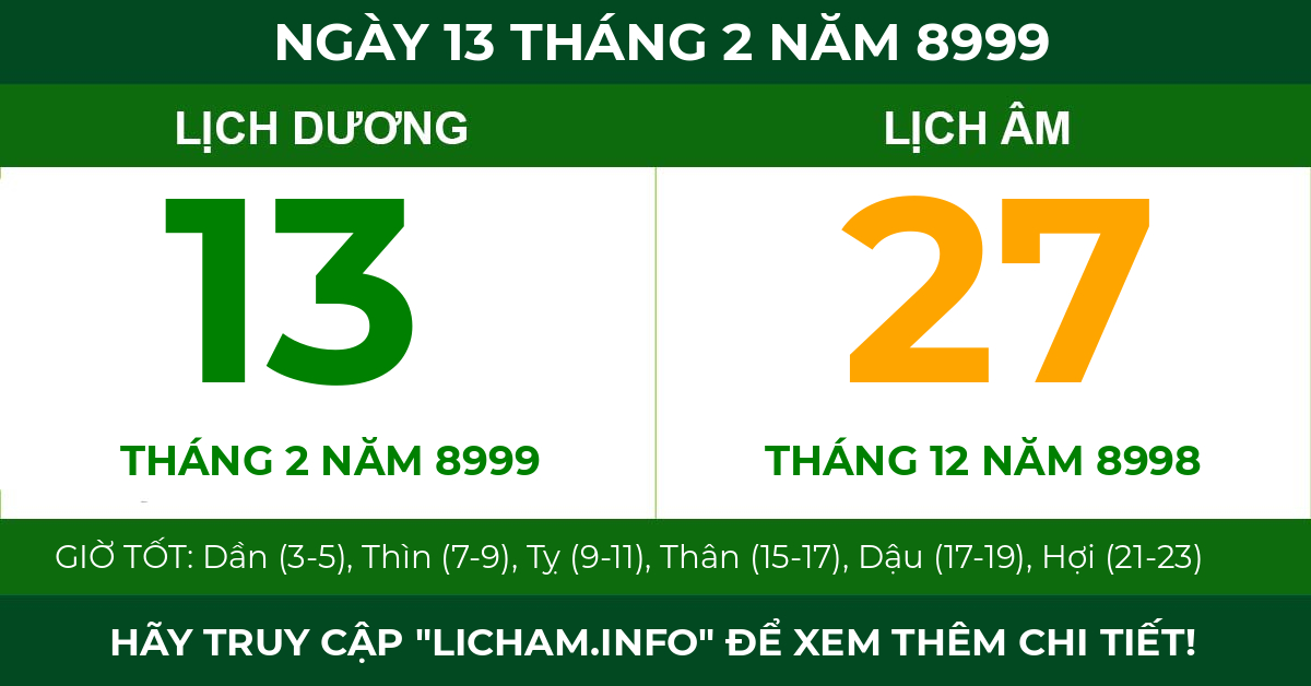lịch âm ngày 13 tháng 2 năm 8999