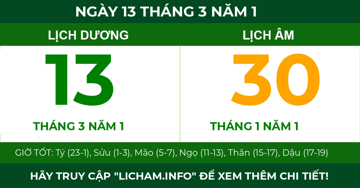 lịch âm ngày 13 tháng 3 năm 1