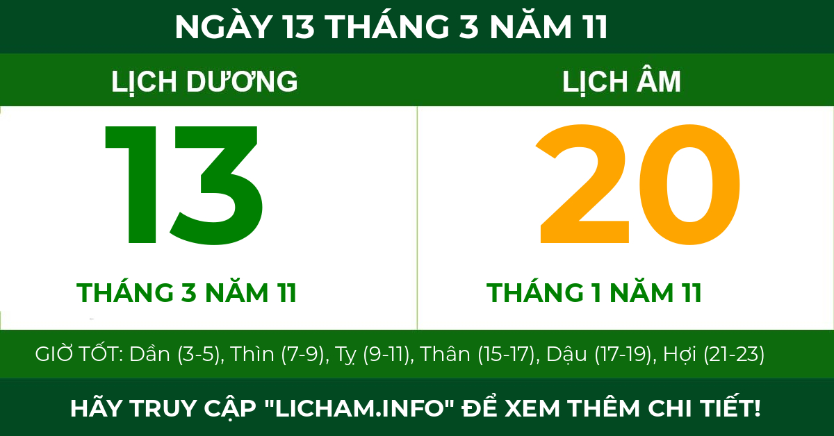 lịch âm ngày 13 tháng 3 năm 11