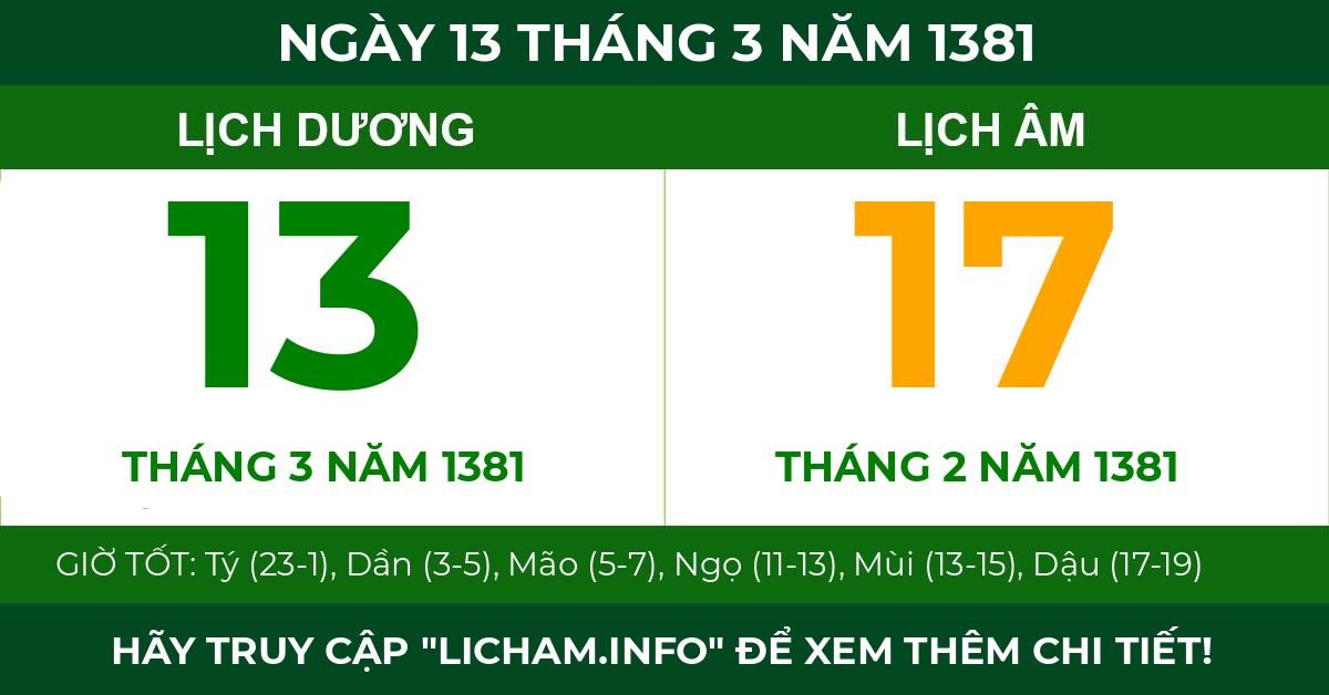 lịch âm ngày 13 tháng 3 năm 1381