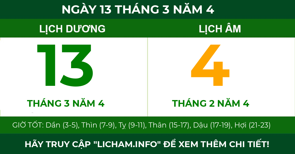 lịch âm ngày 13 tháng 3 năm 4