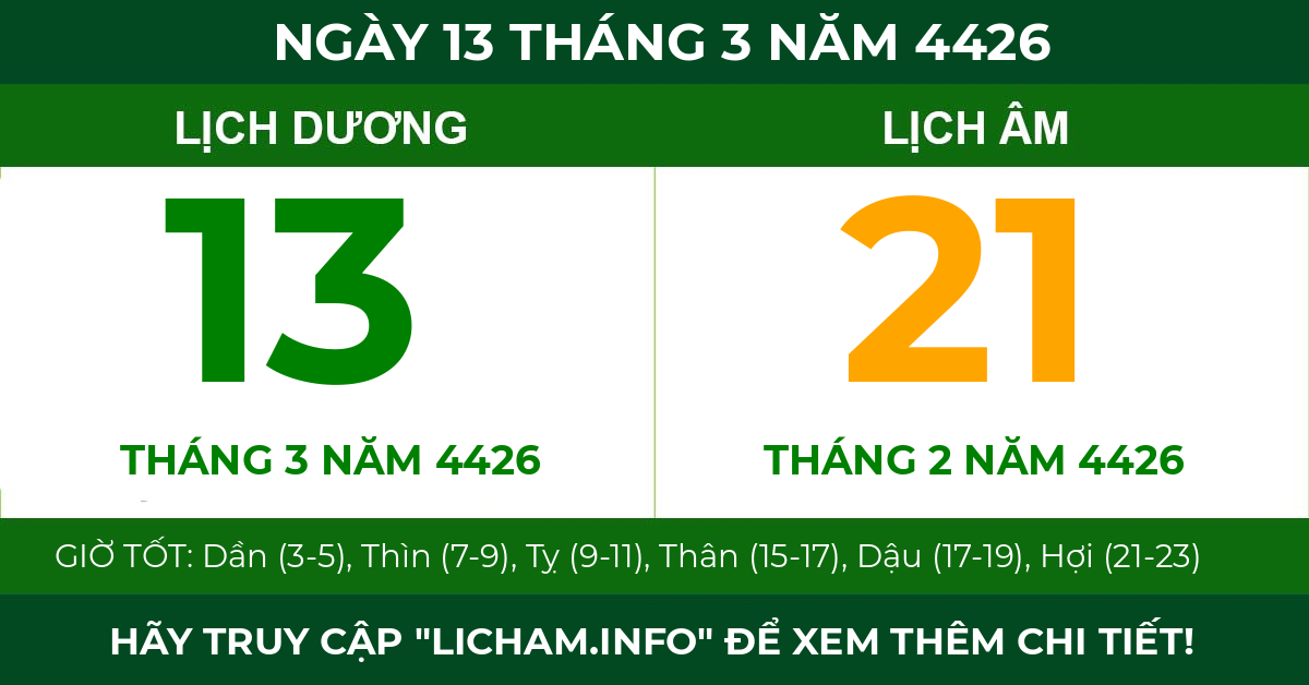 lịch âm ngày 13 tháng 3 năm 4426