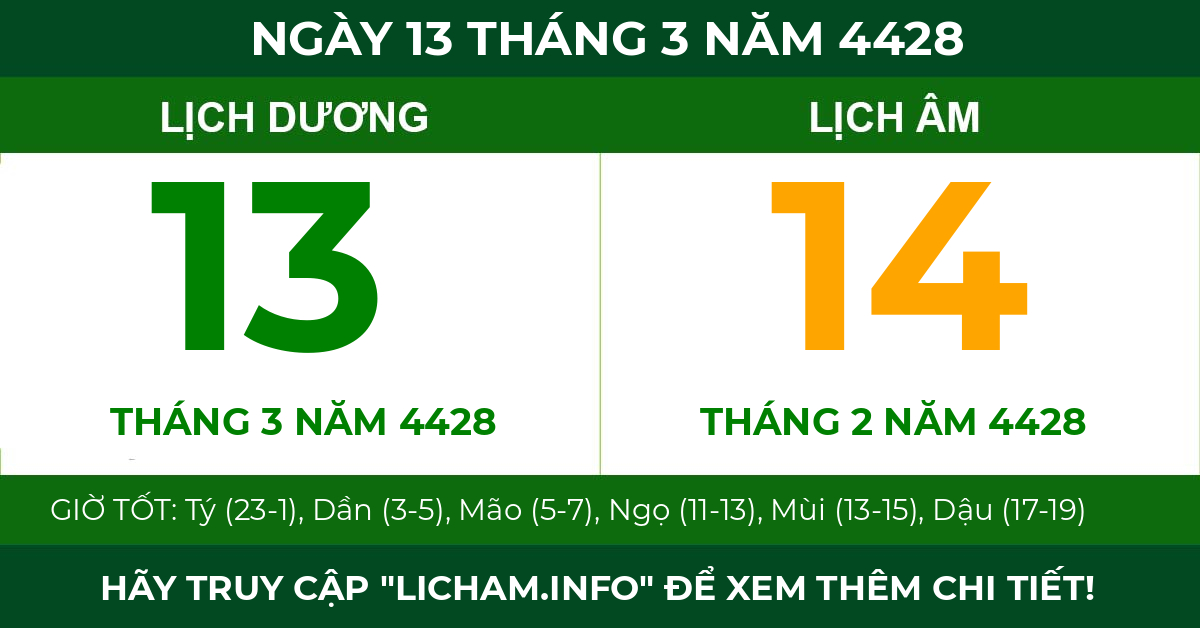 lịch âm ngày 13 tháng 3 năm 4428