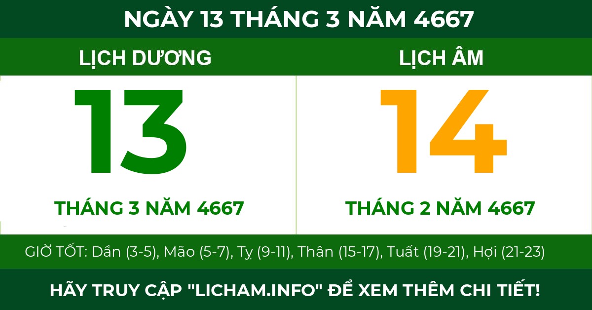 lịch âm ngày 13 tháng 3 năm 4667
