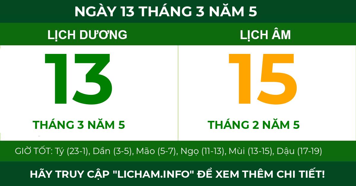 lịch âm ngày 13 tháng 3 năm 5