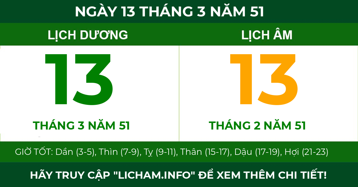 lịch âm ngày 13 tháng 3 năm 51
