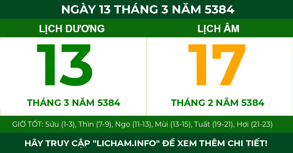lịch âm ngày 13 tháng 3 năm 5384