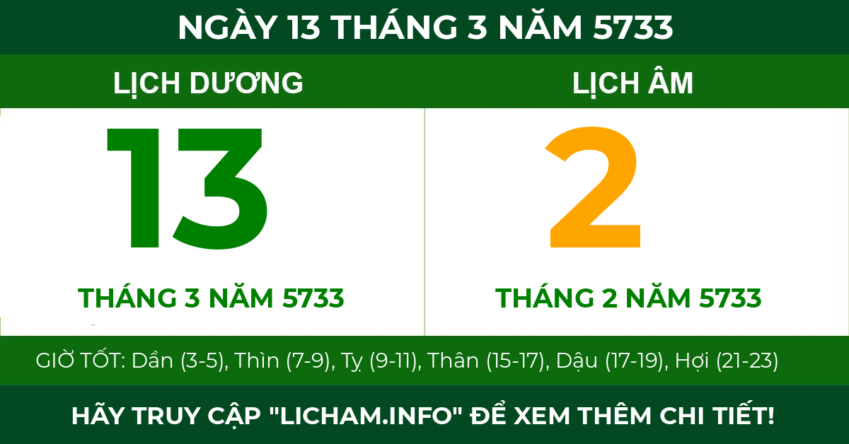 lịch âm ngày 13 tháng 3 năm 5733