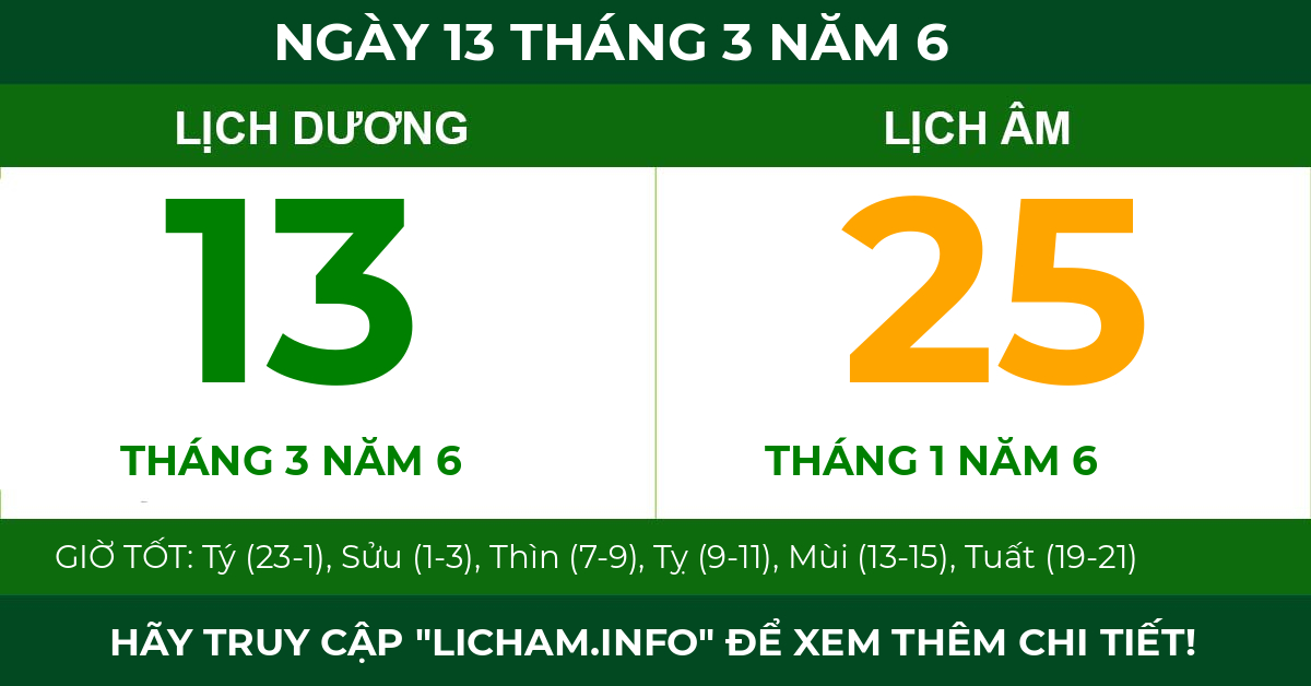 lịch âm ngày 13 tháng 3 năm 6