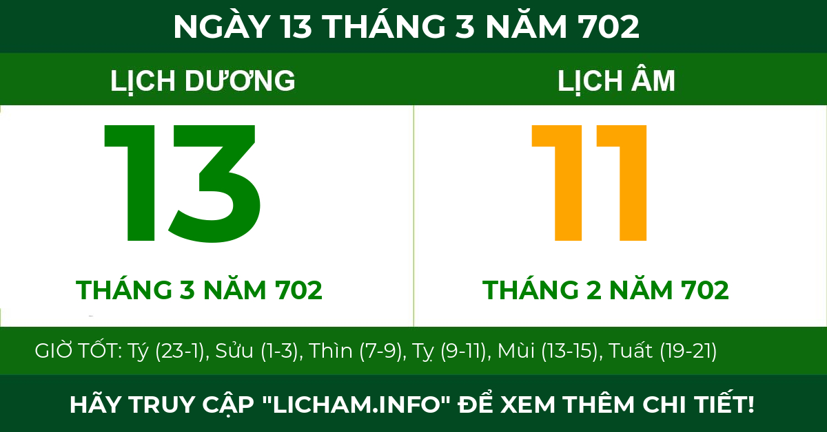 lịch âm ngày 13 tháng 3 năm 702