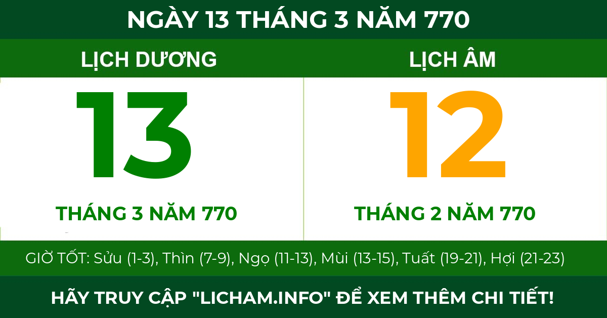 lịch âm ngày 13 tháng 3 năm 770