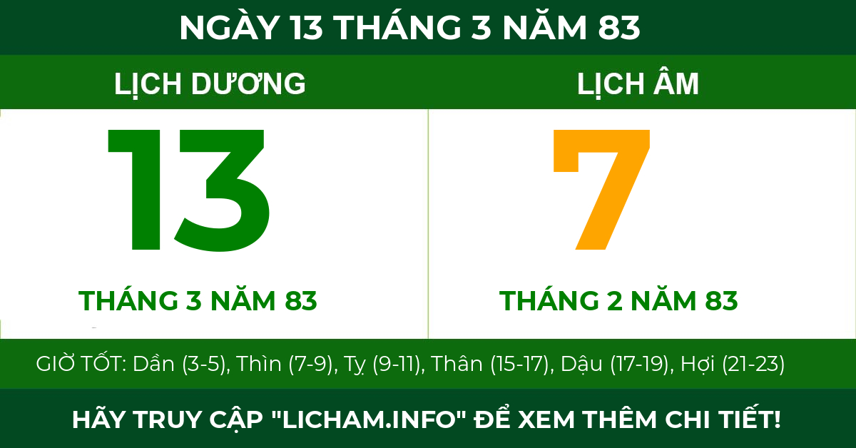 lịch âm ngày 13 tháng 3 năm 83