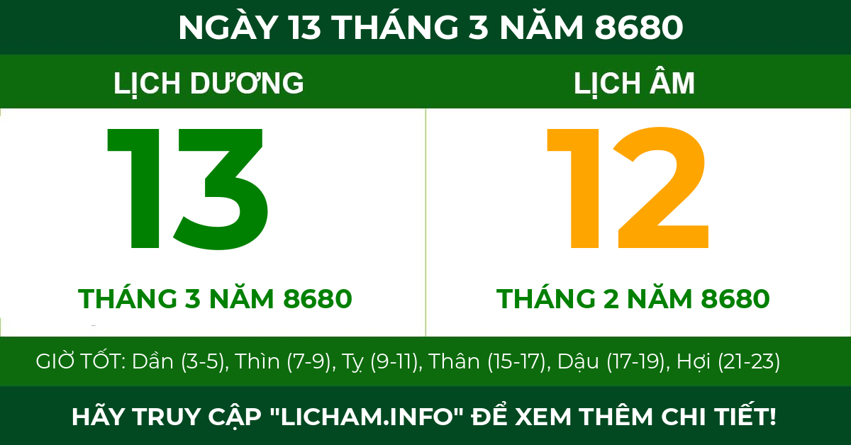 lịch âm ngày 13 tháng 3 năm 8680