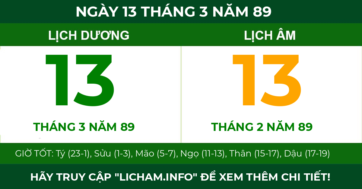 lịch âm ngày 13 tháng 3 năm 89