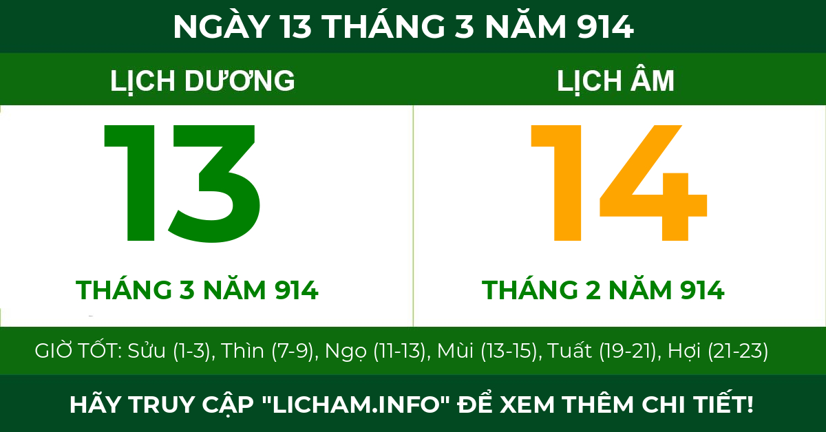 lịch âm ngày 13 tháng 3 năm 914