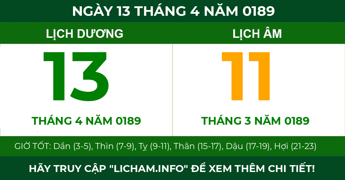lịch âm ngày 13 tháng 4 năm 0189