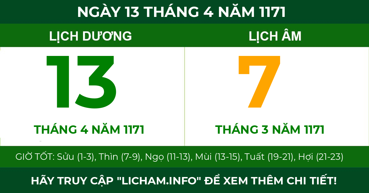 lịch âm ngày 13 tháng 4 năm 1171
