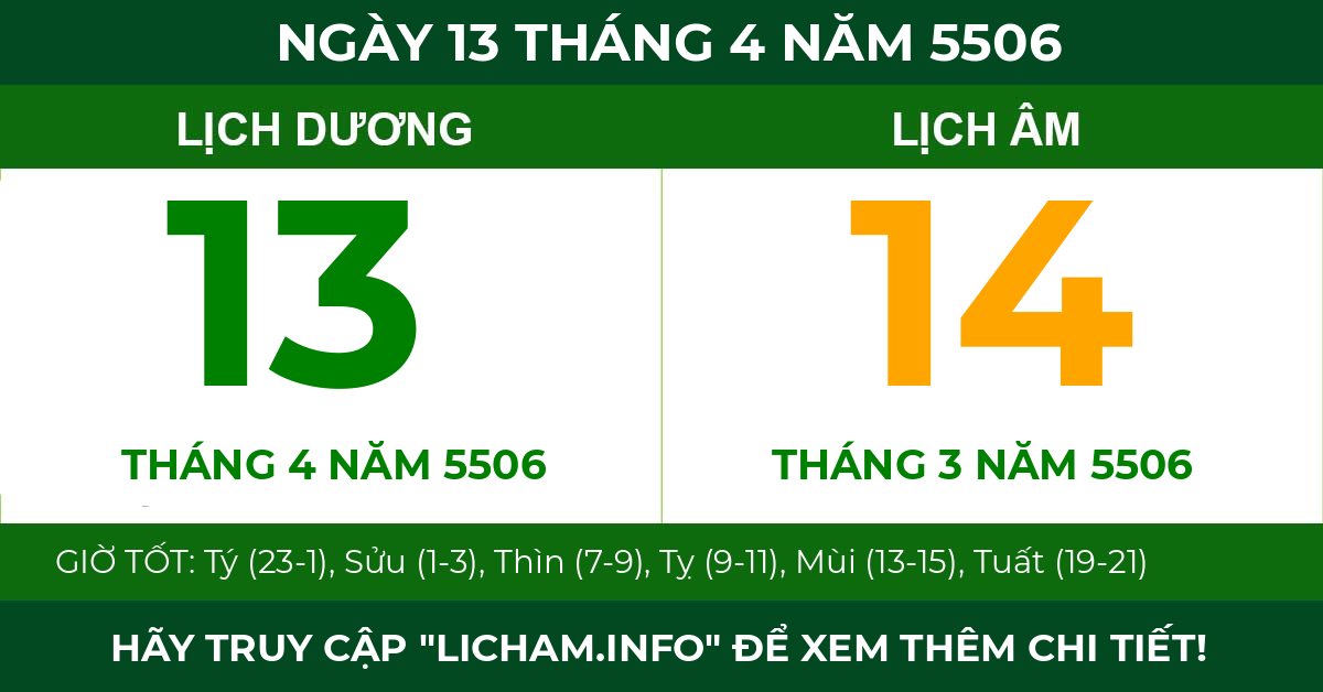lịch âm ngày 13 tháng 4 năm 5506
