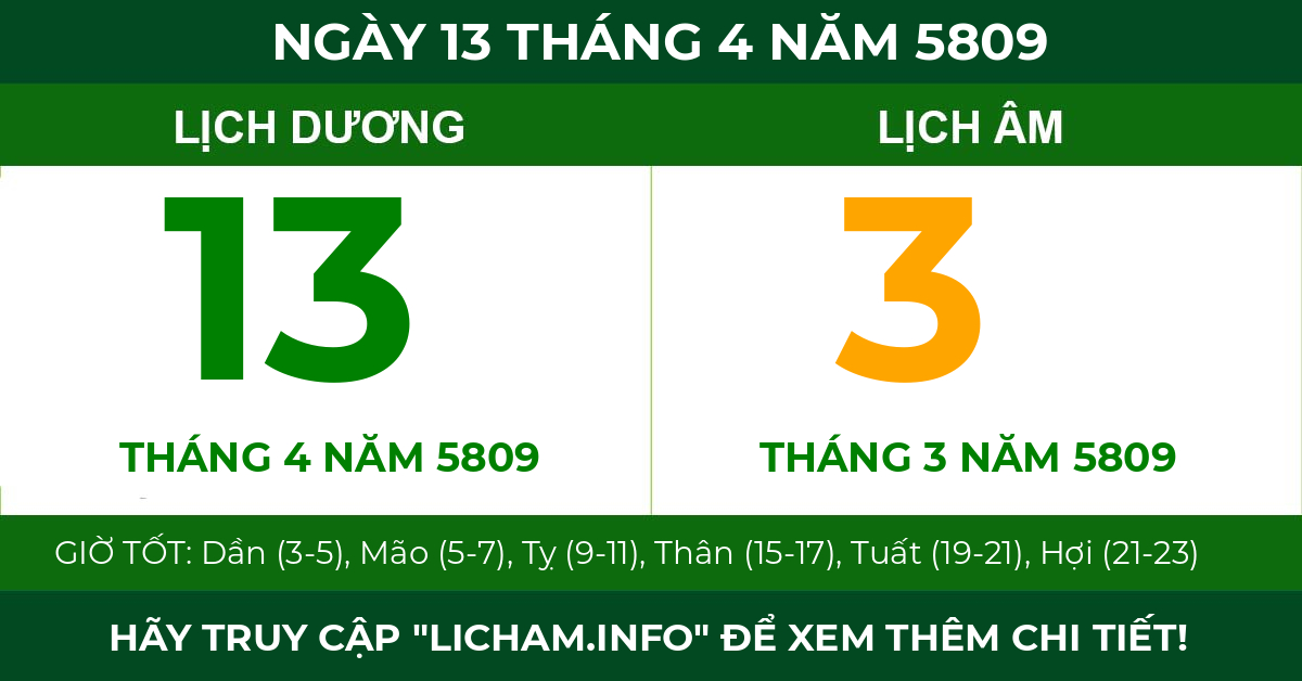 lịch âm ngày 13 tháng 4 năm 5809