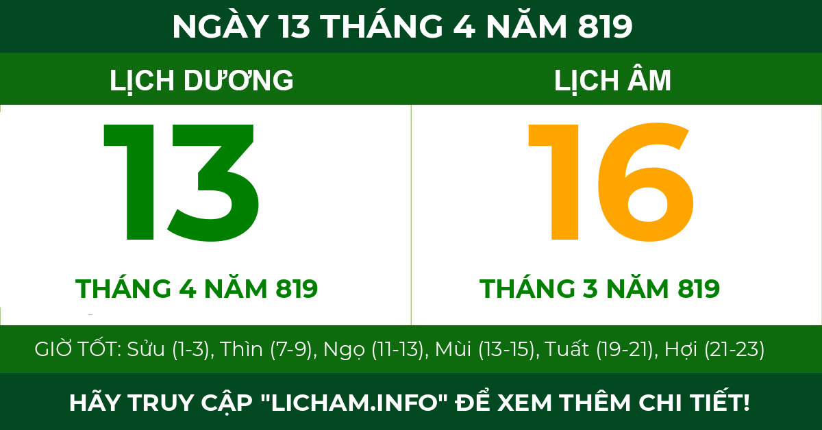 lịch âm ngày 13 tháng 4 năm 819