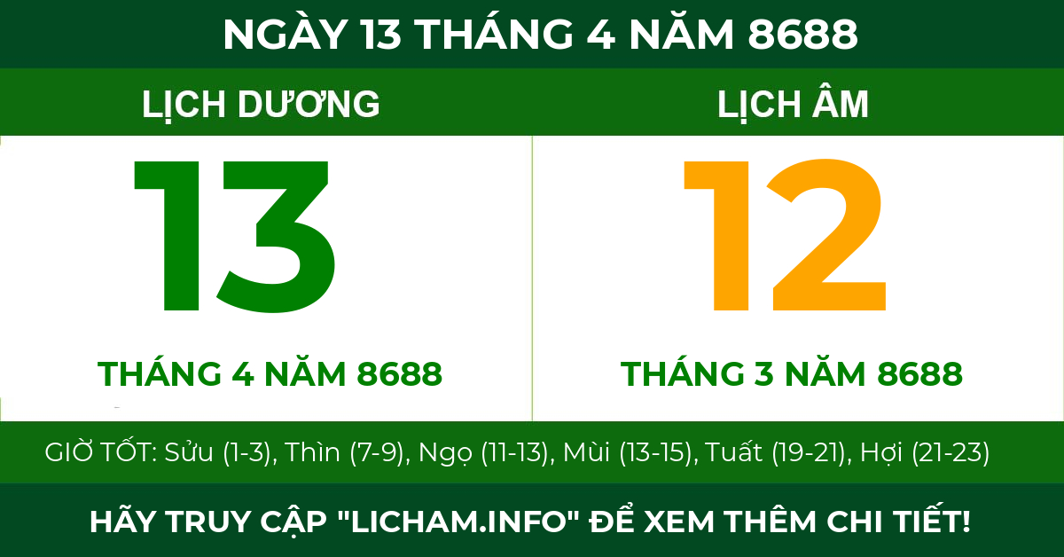 lịch âm ngày 13 tháng 4 năm 8688