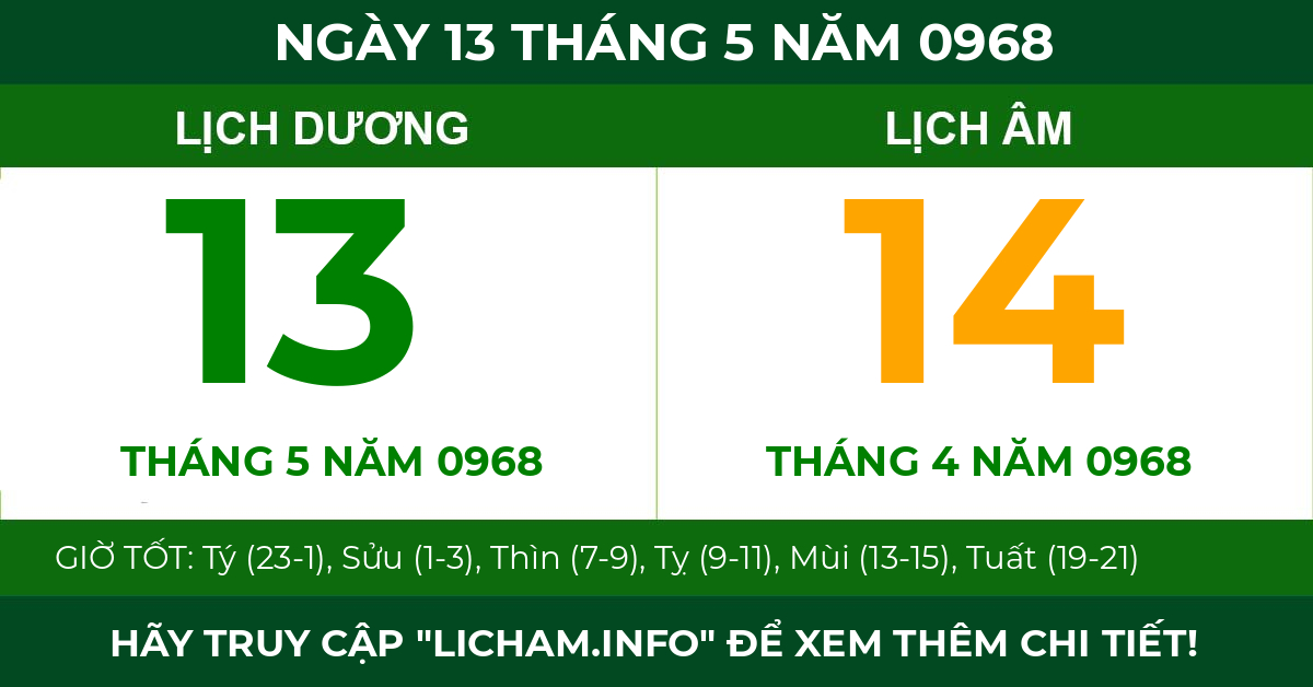 lịch âm ngày 13 tháng 5 năm 0968