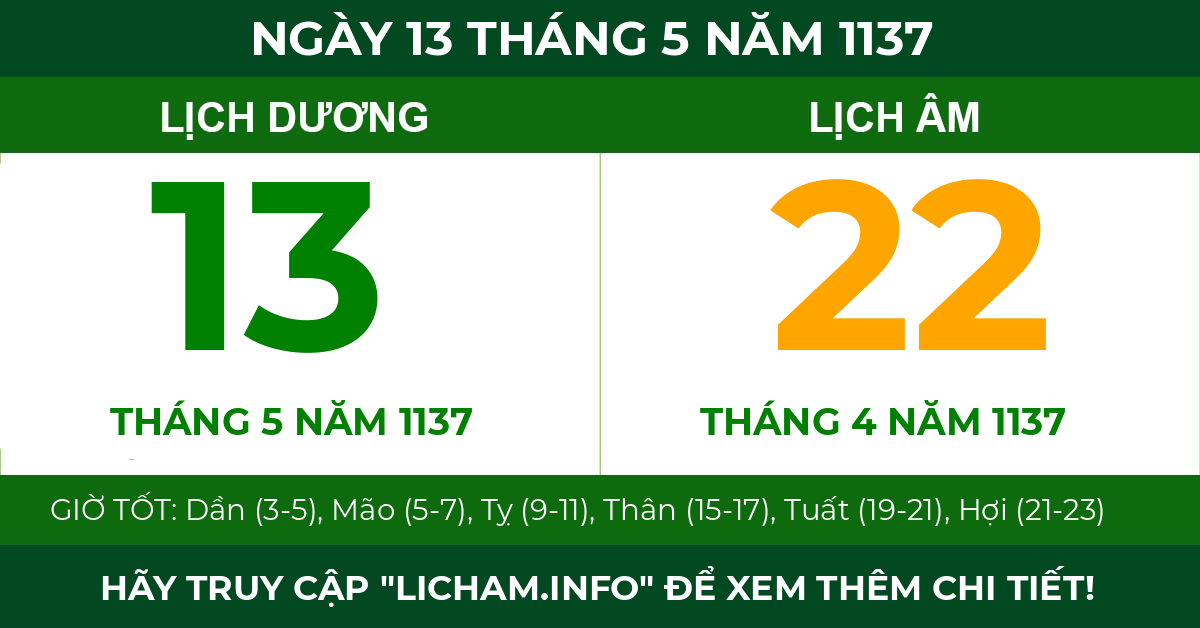 lịch âm ngày 13 tháng 5 năm 1137