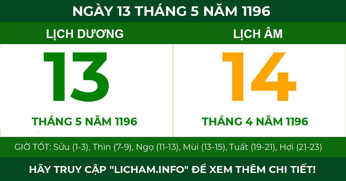 lịch âm ngày 13 tháng 5 năm 1196