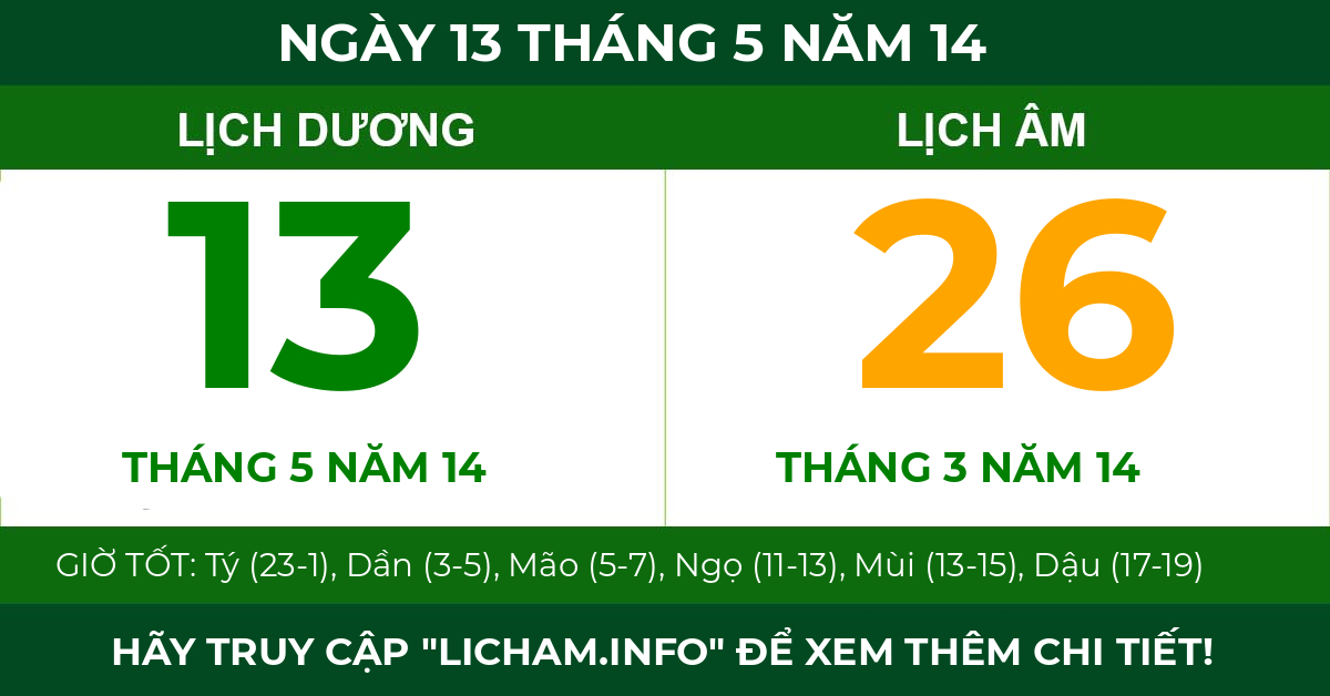 lịch âm ngày 13 tháng 5 năm 14