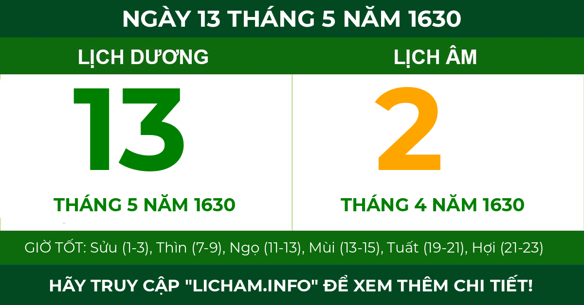 lịch âm ngày 13 tháng 5 năm 1630