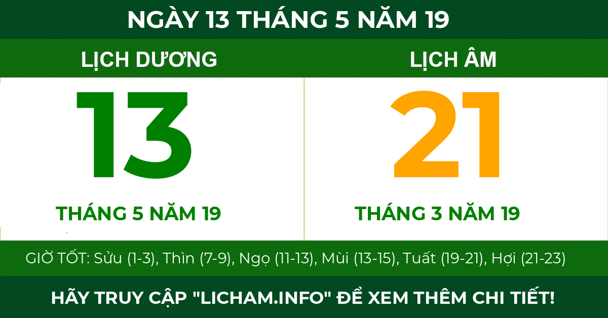 lịch âm ngày 13 tháng 5 năm 19