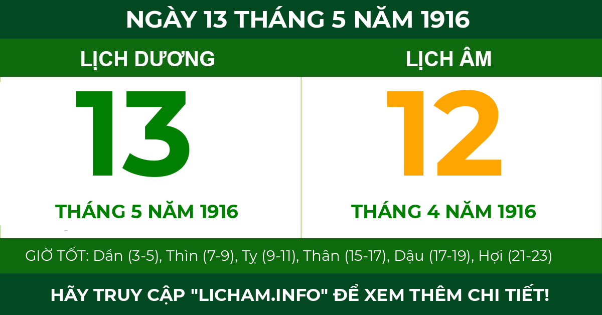 lịch âm ngày 13 tháng 5 năm 1916