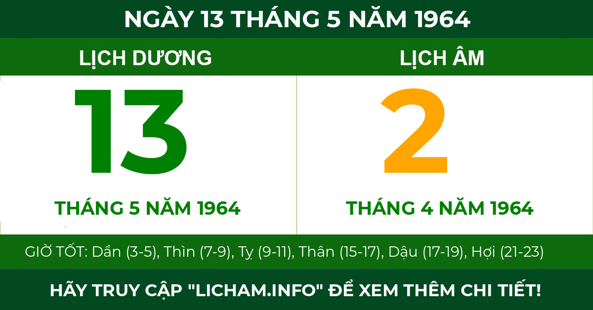 lịch âm ngày 13 tháng 5 năm 1964