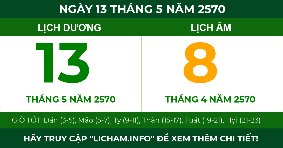 lịch âm ngày 13 tháng 5 năm 2570