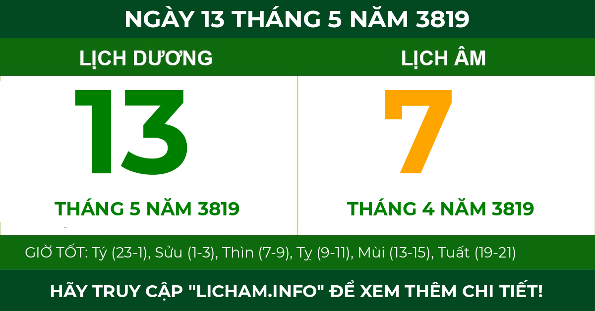 lịch âm ngày 13 tháng 5 năm 3819