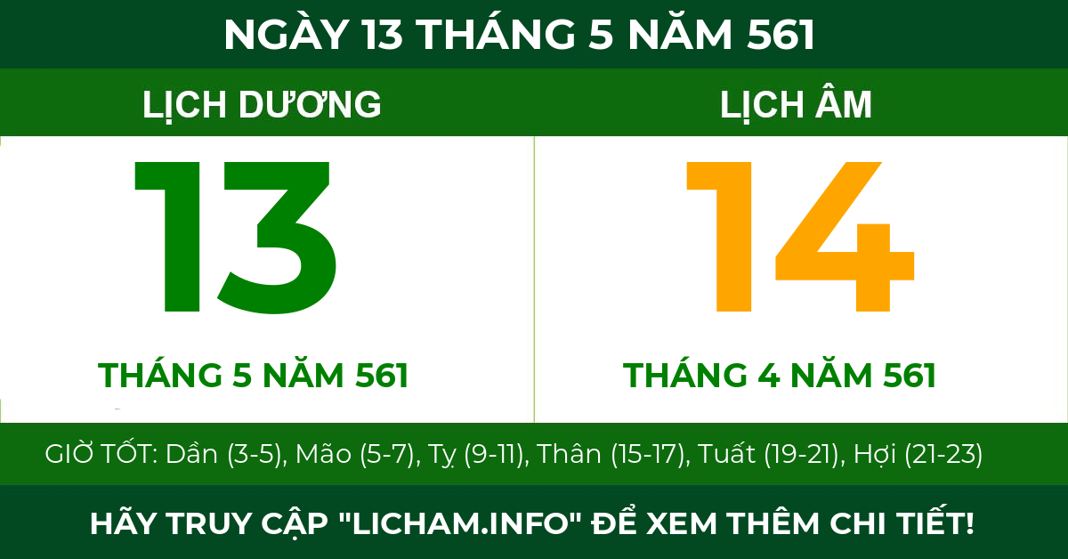 lịch âm ngày 13 tháng 5 năm 561