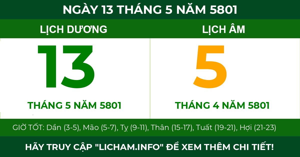 lịch âm ngày 13 tháng 5 năm 5801