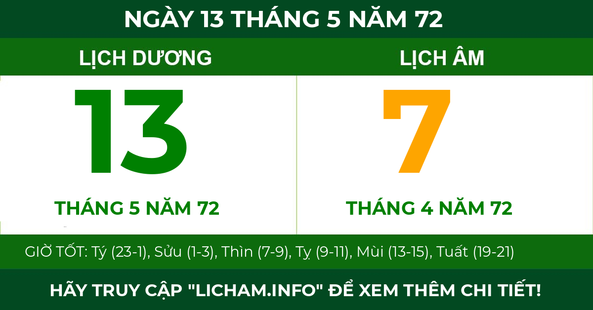 lịch âm ngày 13 tháng 5 năm 72