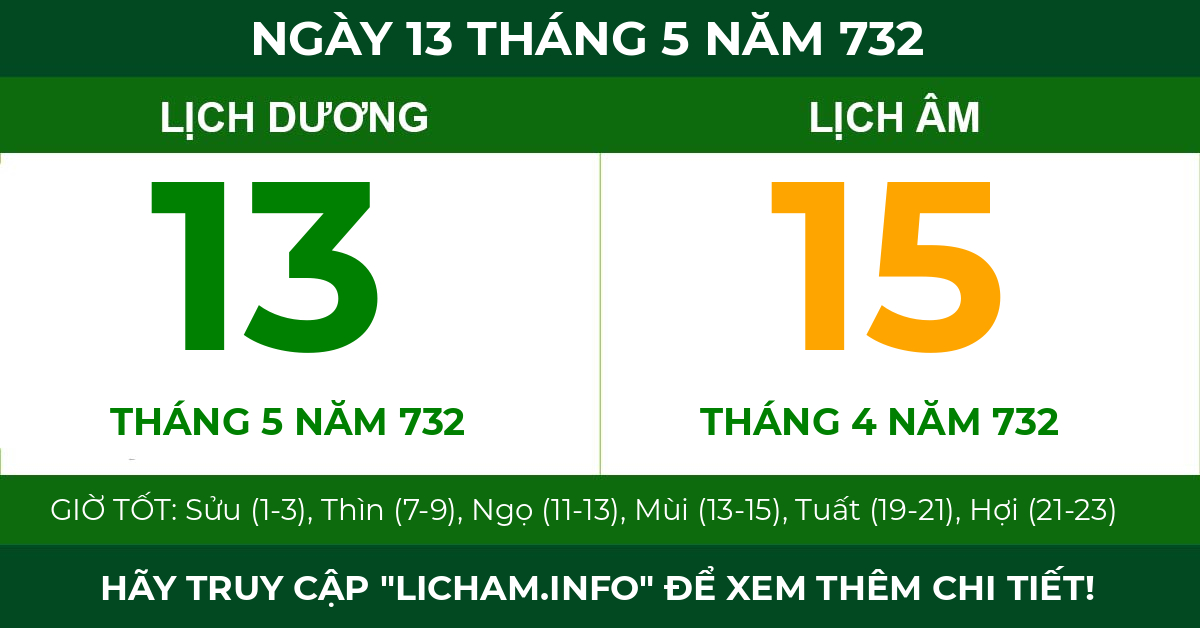 lịch âm ngày 13 tháng 5 năm 732